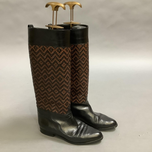 291 - A pair of Creazioni Funke Roma lady's knee-high boots in black and tan leather with woven detail, Si... 