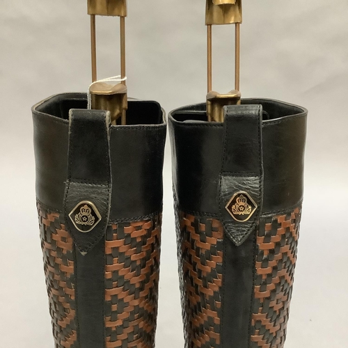 291 - A pair of Creazioni Funke Roma lady's knee-high boots in black and tan leather with woven detail, Si... 