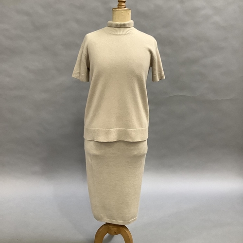 257 - 'S Max Mara knitted caramel wool roll neck jumper, cardigan and skirt, approximate size 8