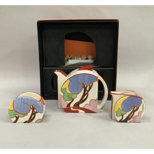 3 - A Wedgwood Bizarre by Clarice Cliff three piece Red Roof teaset of teapot, sugar bowl and milk jug, ... 