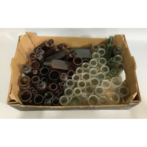 120 - A quantity of vintage brown and green glass medicine bottles and a quantity of clear glass jars
