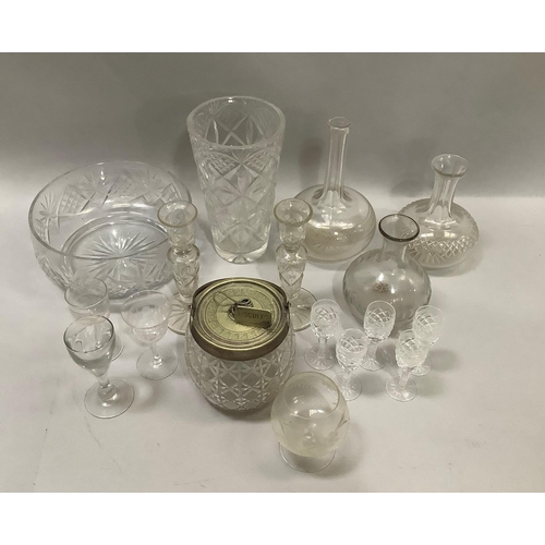 64 - A pair of cut glass candlesticks, fruit or trifle bowl, flower vase, liqueur glasses, Edwardian cut ... 