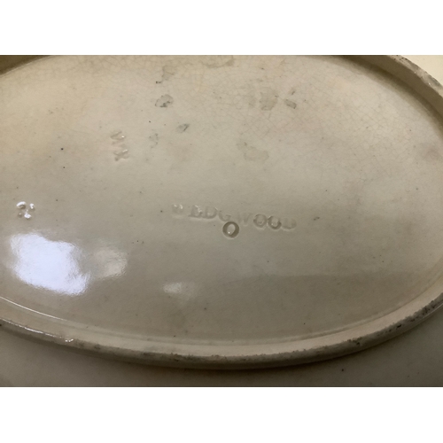 66 - Two 19th century Wedgwood creamware dishes printed in brown with chinoiserie scenes in oval and squa... 