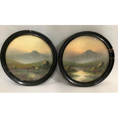 61 - An early 20th century misty moorland landscapes with streams, circular ebonised frames, unsigned, 23... 