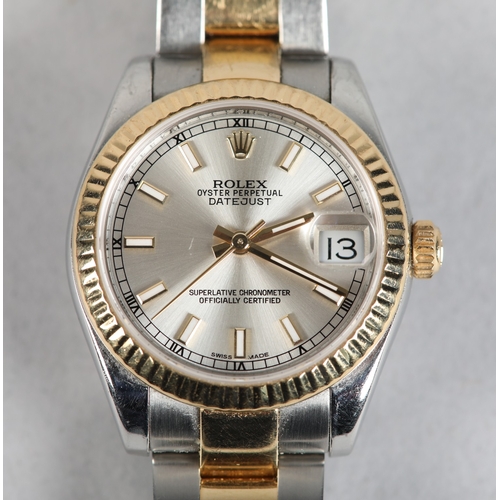 334 - A ROLEX LADY'S OYSTER DATE-JUST 178273 WRISTWATCH, in bi-metal case no. 6Y360640, silvered sunburst ... 