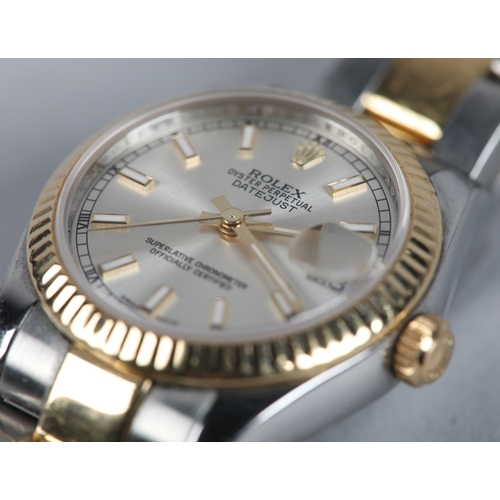 334 - A ROLEX LADY'S OYSTER DATE-JUST 178273 WRISTWATCH, in bi-metal case no. 6Y360640, silvered sunburst ... 