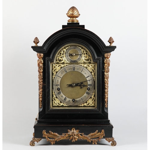 74 - A LATE 19TH CENTURY OR EARLY 20TH CENTURY BRACKET CLOCK with German three train movement chiming on ... 