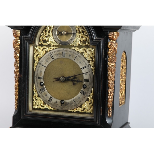 74 - A LATE 19TH CENTURY OR EARLY 20TH CENTURY BRACKET CLOCK with German three train movement chiming on ... 