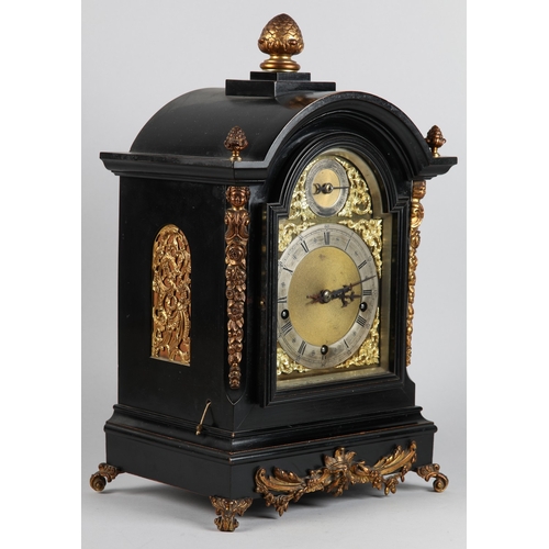 74 - A LATE 19TH CENTURY OR EARLY 20TH CENTURY BRACKET CLOCK with German three train movement chiming on ... 