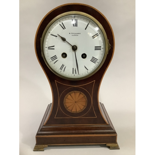 75 - AN EDWARD VII MAHOGANY AND INLAID BALLOON CLOCK, white enamel dial with Roman numerals, signed R. St... 