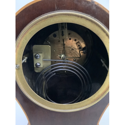 75 - AN EDWARD VII MAHOGANY AND INLAID BALLOON CLOCK, white enamel dial with Roman numerals, signed R. St... 