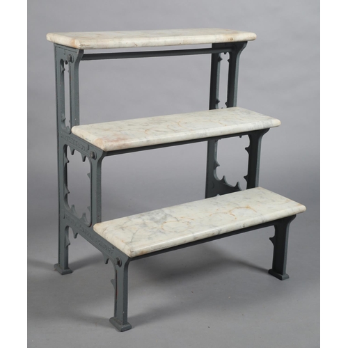 26 - A VICTORIAN CAST IRON AND MARBLE THREE TIER PLANT STAGING BY BARTLETT AND SON OF BRISTOL, CARDIFF AN... 