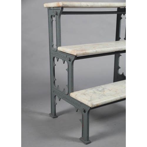 26 - A VICTORIAN CAST IRON AND MARBLE THREE TIER PLANT STAGING BY BARTLETT AND SON OF BRISTOL, CARDIFF AN... 