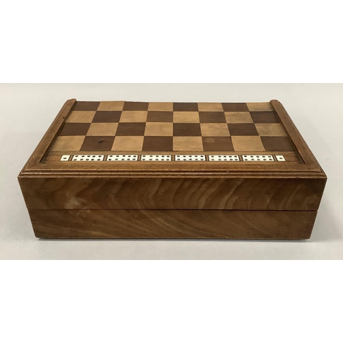 30 - AN EARLY 20TH CENTURY WALNUT AND PEARWOOD GAMES BOX, the exterior with chequered board, inlaid with ... 