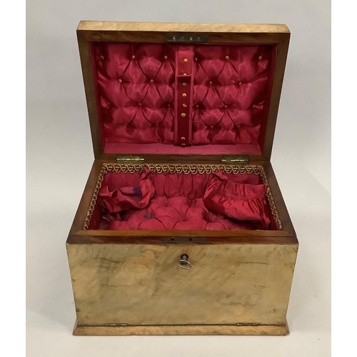 33 - A VICTORIAN MAHOGANY JEWELLERY BOX, having an inset swing handle to the lid, drop down front, the in... 