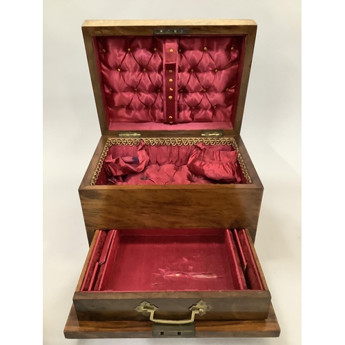 33 - A VICTORIAN MAHOGANY JEWELLERY BOX, having an inset swing handle to the lid, drop down front, the in... 