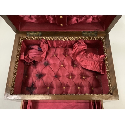 33 - A VICTORIAN MAHOGANY JEWELLERY BOX, having an inset swing handle to the lid, drop down front, the in... 