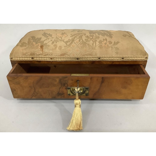 35 - A 19TH CENTURY FIGURED WALNUT BOX, with pin cushion top and drawer below, brass inset handle, 31.5cm... 