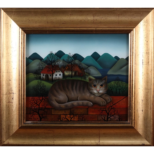 28 - ARR MITJA ROJC (Yugoslavian b.1950), Kerk a d Dach, Cat on a wall, oil on board, signed and dated (1... 