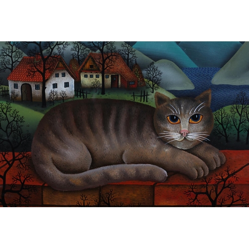 28 - ARR MITJA ROJC (Yugoslavian b.1950), Kerk a d Dach, Cat on a wall, oil on board, signed and dated (1... 