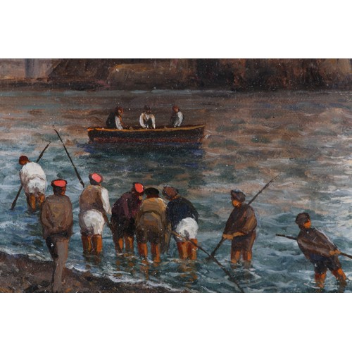 21 - LUIGI PAPA (Italian mid XX), Coastal scene with boats heading for the fishing grounds at first light... 