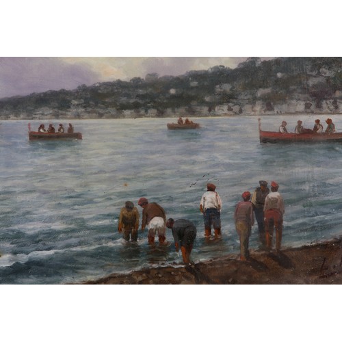 21 - LUIGI PAPA (Italian mid XX), Coastal scene with boats heading for the fishing grounds at first light... 
