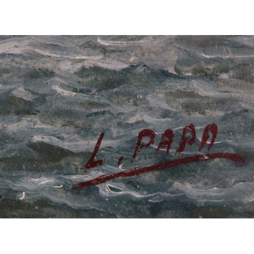 21 - LUIGI PAPA (Italian mid XX), Coastal scene with boats heading for the fishing grounds at first light... 