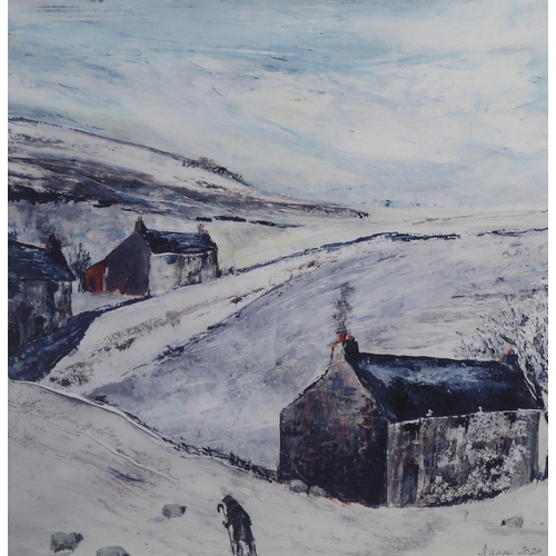 53 - ARR JEANNE MUNDY (20/21st century),'It's Snowing Again', sheep in a snow covered moorland, oil, titl... 