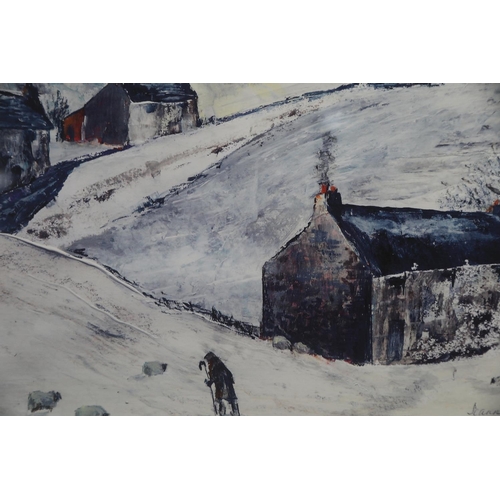 53 - ARR JEANNE MUNDY (20/21st century),'It's Snowing Again', sheep in a snow covered moorland, oil, titl... 