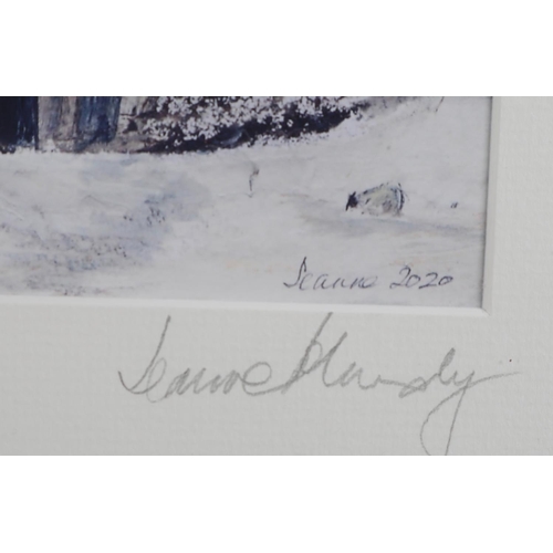 53 - ARR JEANNE MUNDY (20/21st century),'It's Snowing Again', sheep in a snow covered moorland, oil, titl... 