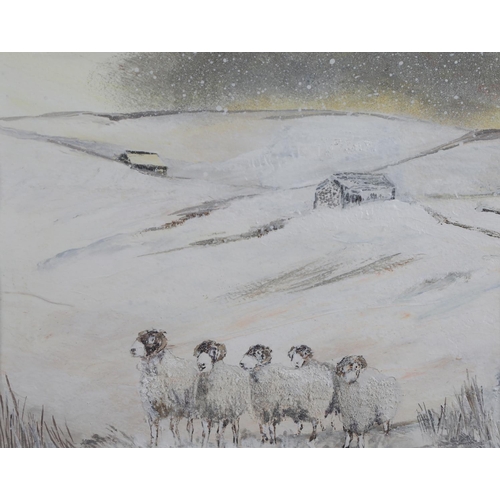 53 - ARR JEANNE MUNDY (20/21st century),'It's Snowing Again', sheep in a snow covered moorland, oil, titl... 