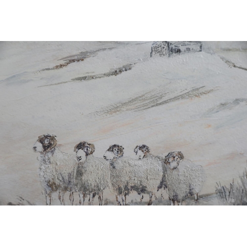53 - ARR JEANNE MUNDY (20/21st century),'It's Snowing Again', sheep in a snow covered moorland, oil, titl... 