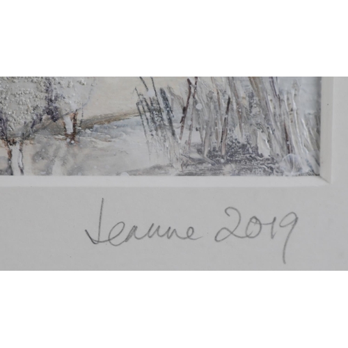 53 - ARR JEANNE MUNDY (20/21st century),'It's Snowing Again', sheep in a snow covered moorland, oil, titl... 