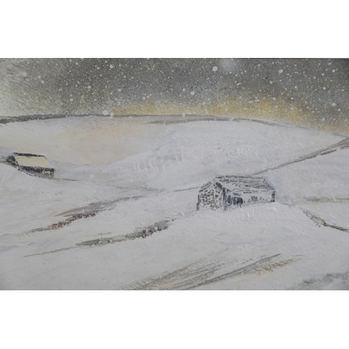 53 - ARR JEANNE MUNDY (20/21st century),'It's Snowing Again', sheep in a snow covered moorland, oil, titl... 