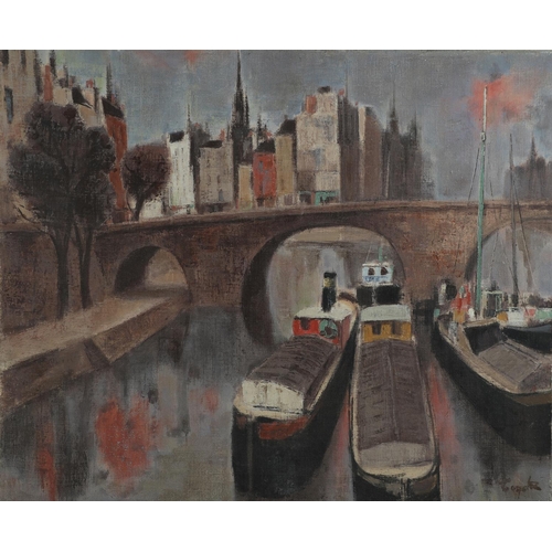 56 - MOORED CANAL BARGES WITH BRIDGE AND CITY, oil on canvas, indistinctly signed, 54cm x 66cm