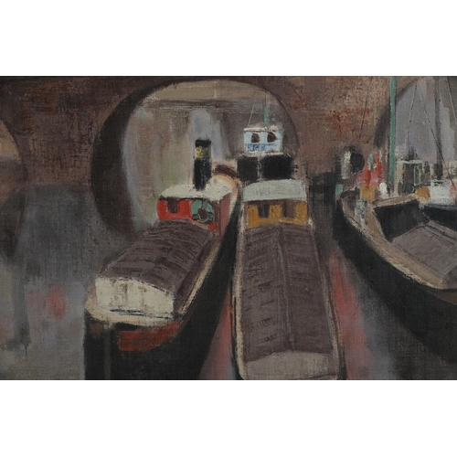 56 - MOORED CANAL BARGES WITH BRIDGE AND CITY, oil on canvas, indistinctly signed, 54cm x 66cm