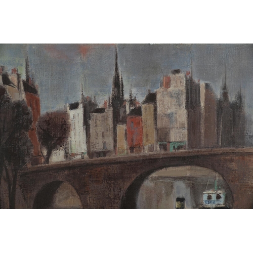 56 - MOORED CANAL BARGES WITH BRIDGE AND CITY, oil on canvas, indistinctly signed, 54cm x 66cm