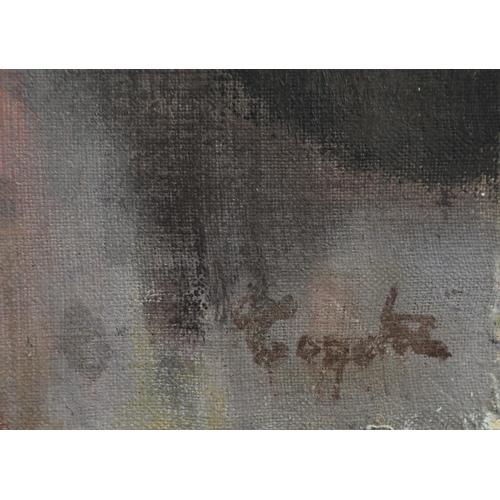 56 - MOORED CANAL BARGES WITH BRIDGE AND CITY, oil on canvas, indistinctly signed, 54cm x 66cm