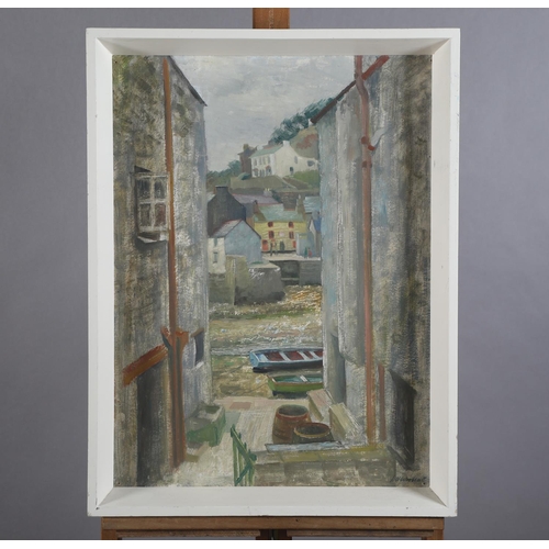 58 - L H WOOLLATT, Cornish fishing village, alley way with view of the harbour and boats, oil on board, s... 