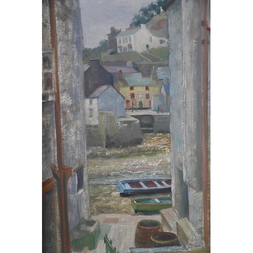 58 - L H WOOLLATT, Cornish fishing village, alley way with view of the harbour and boats, oil on board, s... 