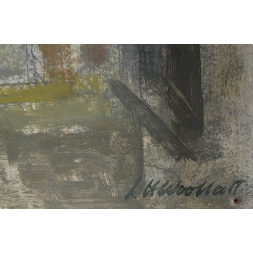 58 - L H WOOLLATT, Cornish fishing village, alley way with view of the harbour and boats, oil on board, s... 