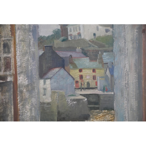 58 - L H WOOLLATT, Cornish fishing village, alley way with view of the harbour and boats, oil on board, s... 
