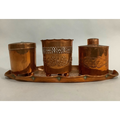 23 - A Joseph Sankey & Son Bilston copper caddy of oval outline with embossed banded decoration, 12.5cm, ... 