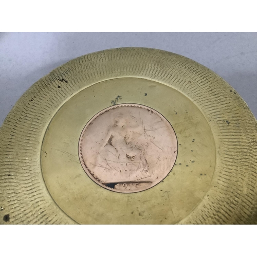 47 - A pair of World War I trench art ash trays, both brass shell case bases with George V pennies insert... 