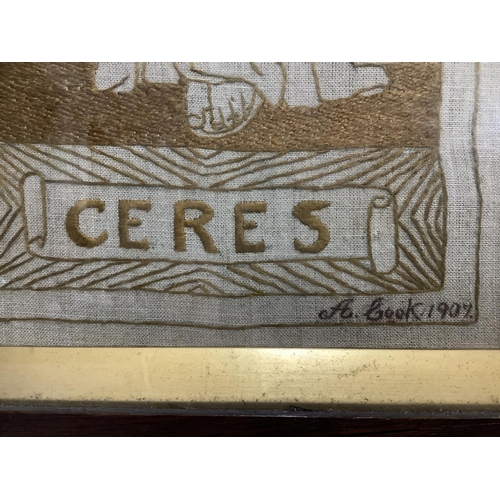 34 - A pair of needlework panels each depicting a female from mythology including Ceres and Hygeia in bro... 