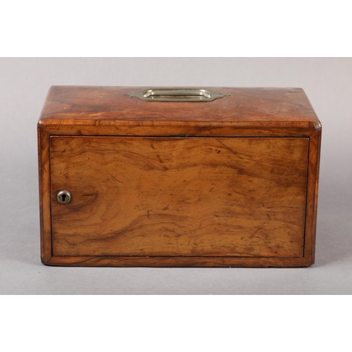 36 - A VICTORIAN WALNUT WORK BOX, rectangular with swivelling front panel and silk semi-circular work bas... 