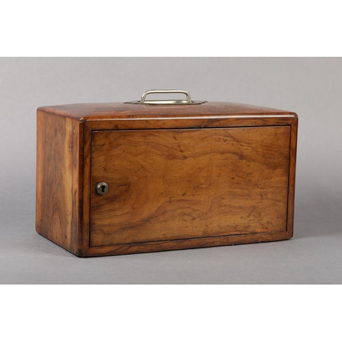 36 - A VICTORIAN WALNUT WORK BOX, rectangular with swivelling front panel and silk semi-circular work bas... 