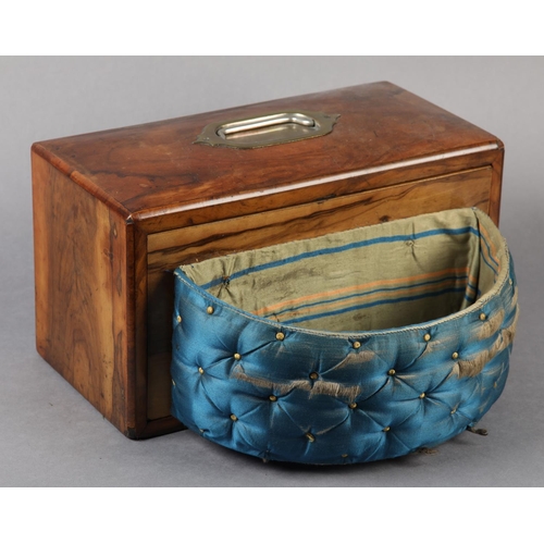 36 - A VICTORIAN WALNUT WORK BOX, rectangular with swivelling front panel and silk semi-circular work bas... 