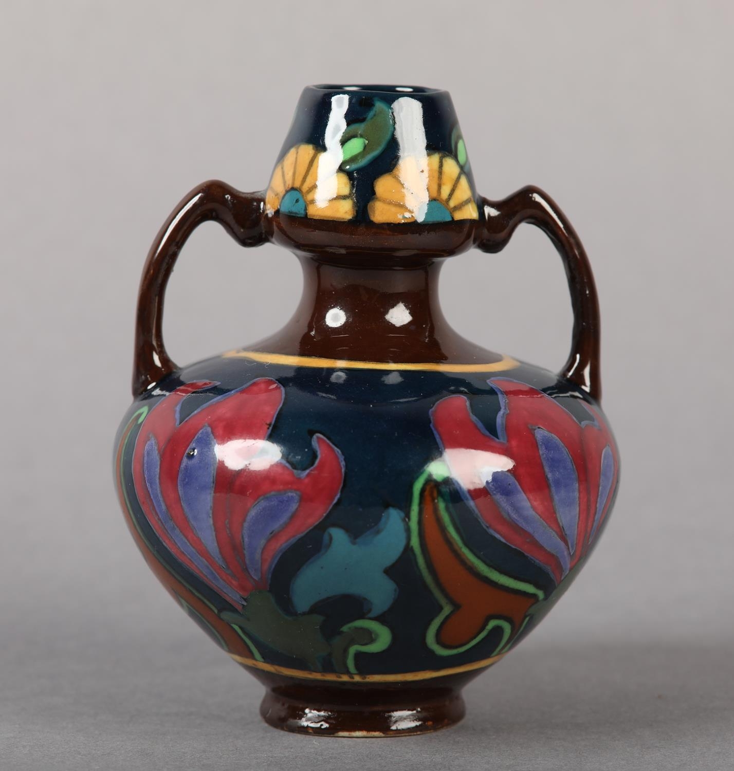 A FOLEY WILEMAN & CO 'INTARSIO' TWO HANDLED VASE enamelled in blue ...