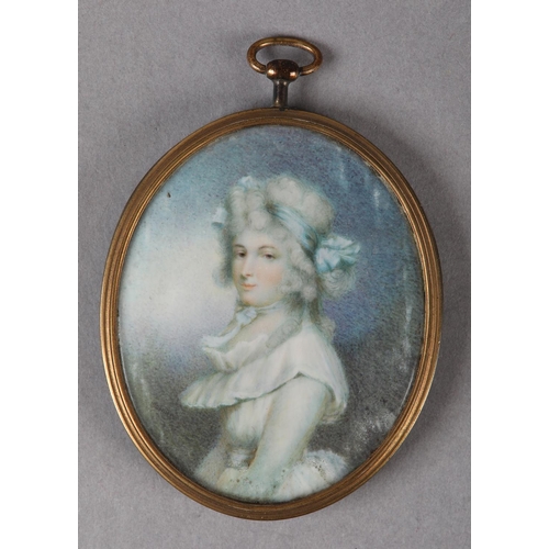 174 - A 19TH CENTURY PORTRAIT MINIATURE OF AN 18TH CENTURY LADY, half length, wearing a white gown with ru... 